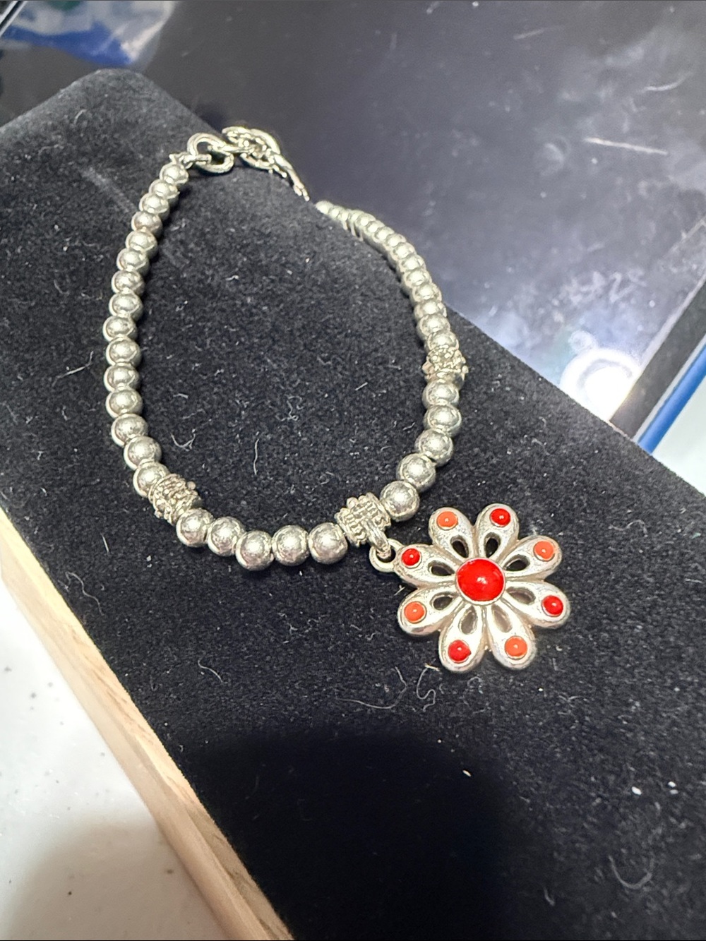 Brighton Silver-Tone Beaded Bracelet with Red Flower Charm